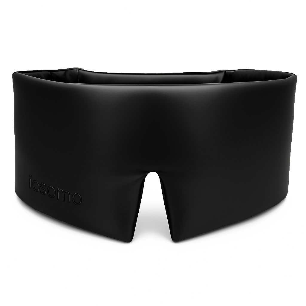 Black sleep mask with 'iosomo' branding on a white background