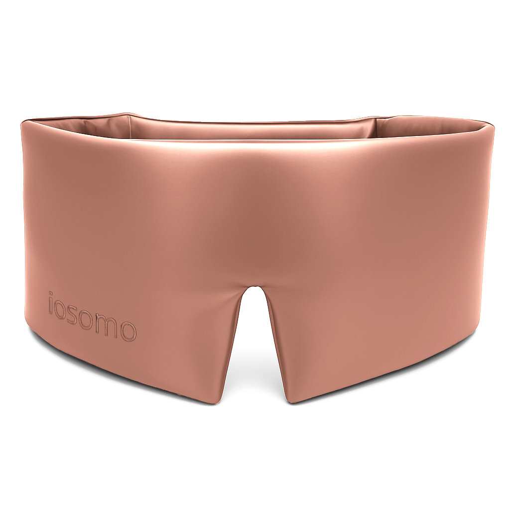 Rose pink sleep mask with 'iosomo' branding on a white background