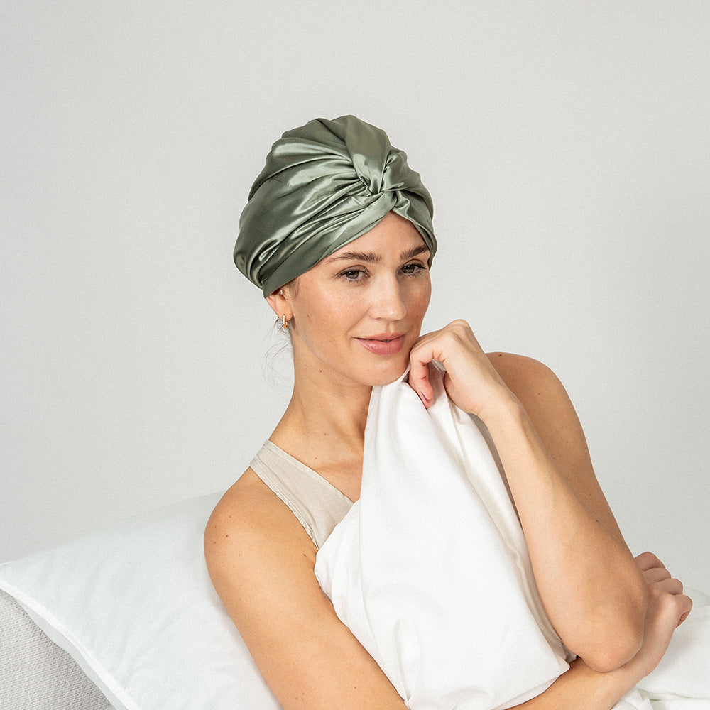 woman wearing a pistachio color bonnet
