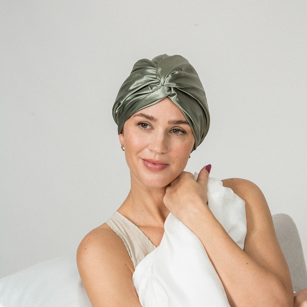 woman wearing a pistachio color bonnet