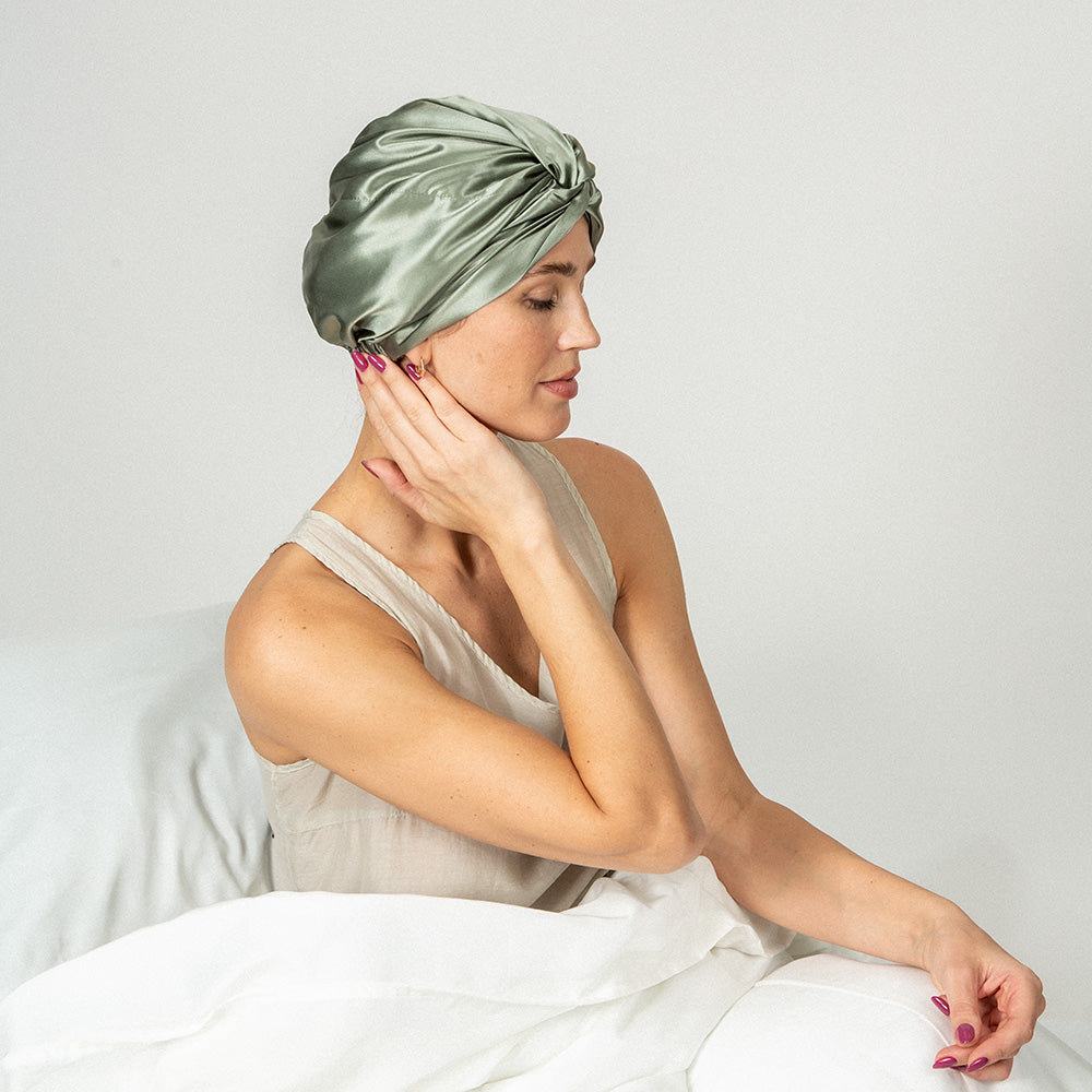 woman wearing a pistachio color bonnet