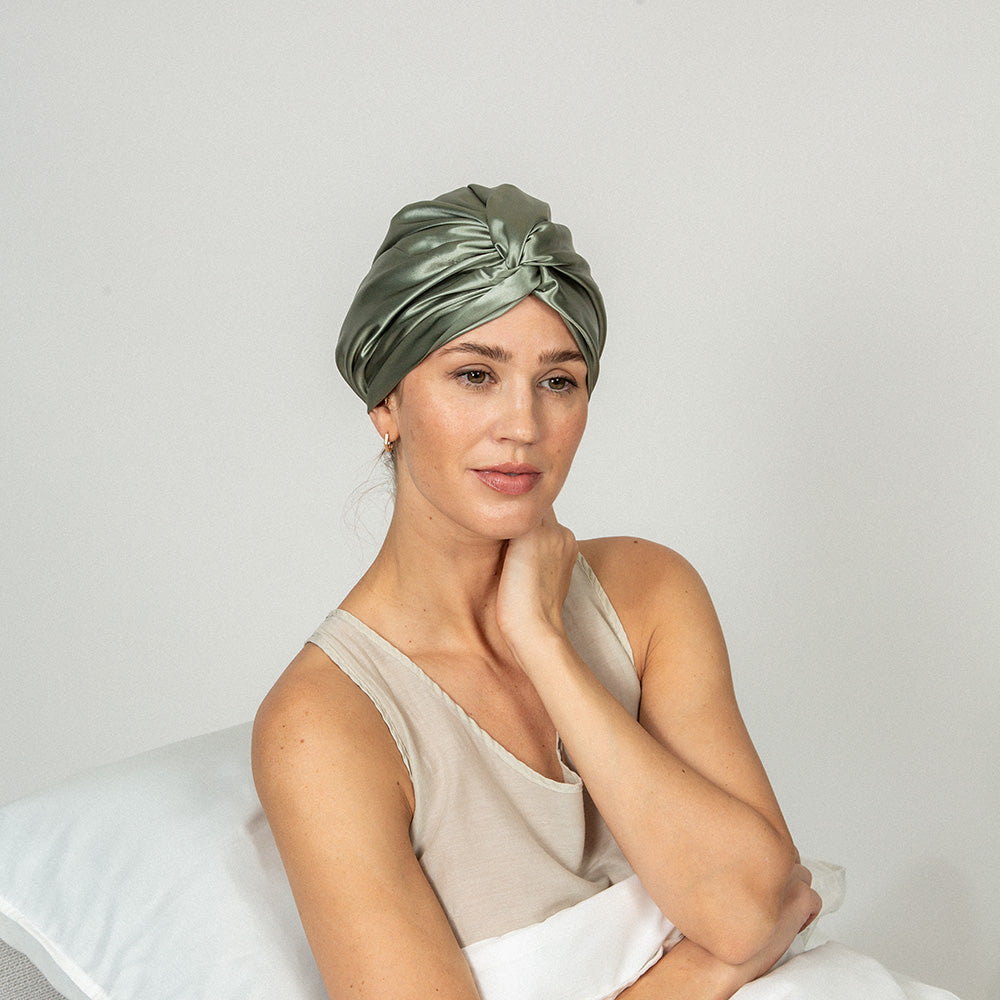woman wearing a pistachio color bonnet