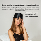 Woman wearing a black silk sleep mask with product description text on a light gray background