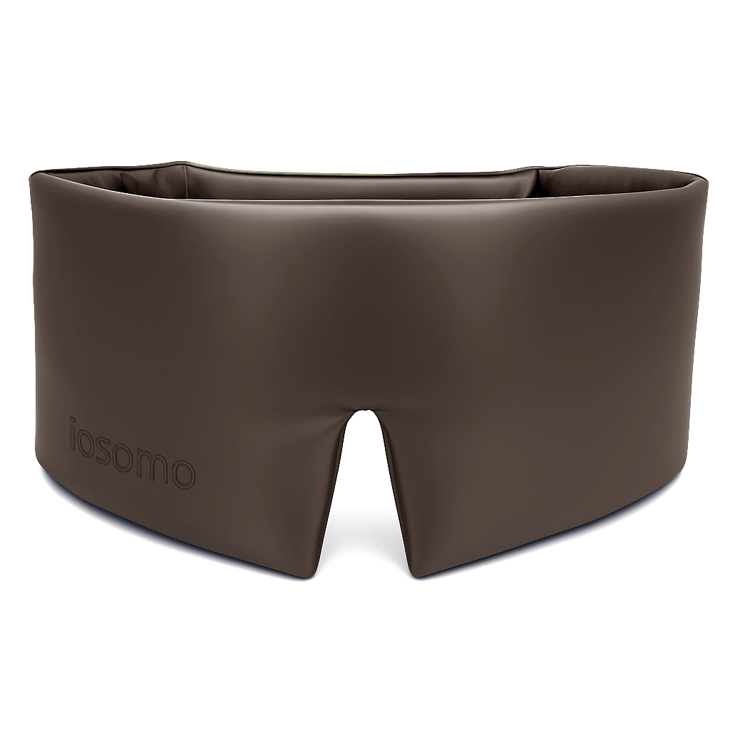 Charcoal sleep mask with 'iosomo' branding on a white background