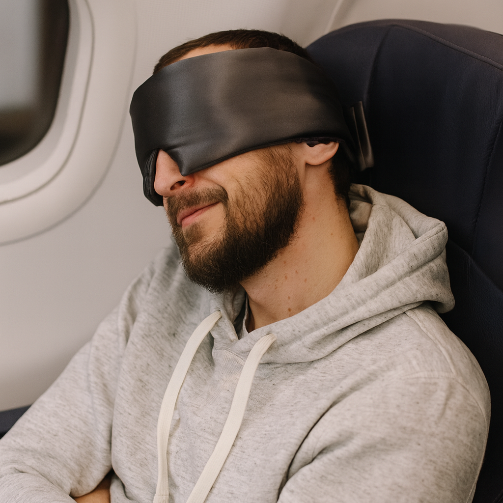 Man sleeping on an airplane with a gray hoodie and black sleep mask.