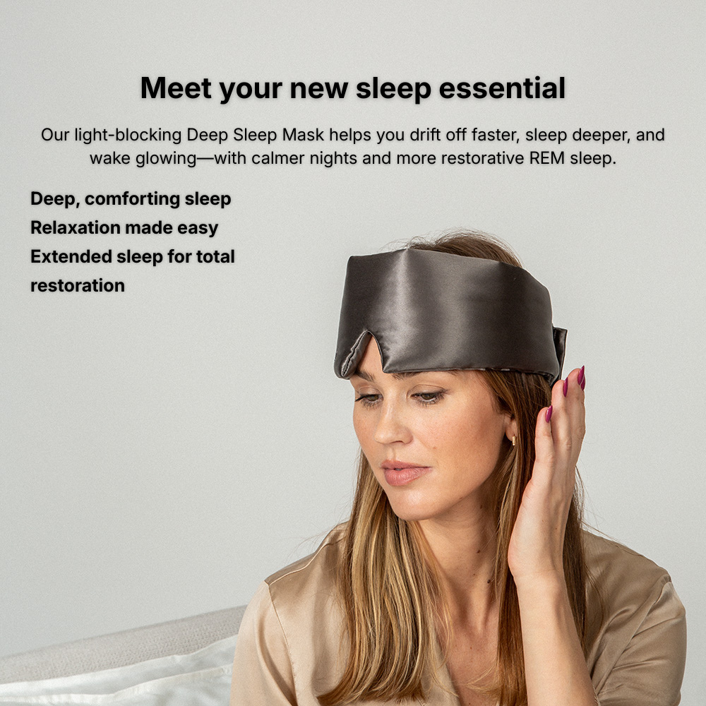 Woman wearing a silk sleep mask with text about its benefits on a light background