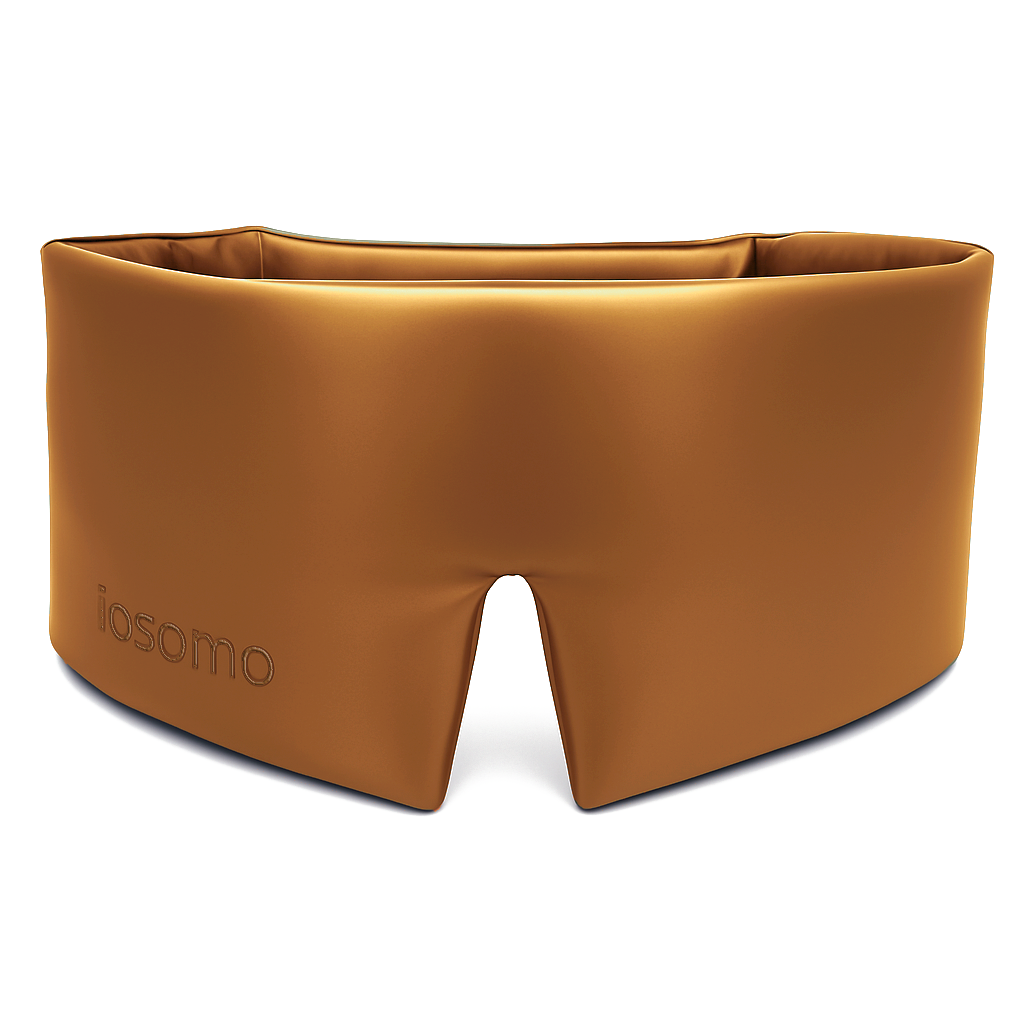 Gold sleep mask with 'iosomo' branding on a white background