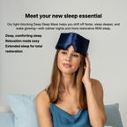Woman wearing a blue silk sleep mask with promotional text about its benefits on a light gray background