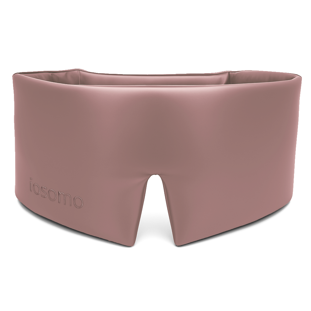 Pink sleep mask with 'iosomo' branding on a white background