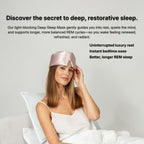 Woman wearing a pink sleep mask with promotional text about deep, restorative sleep.