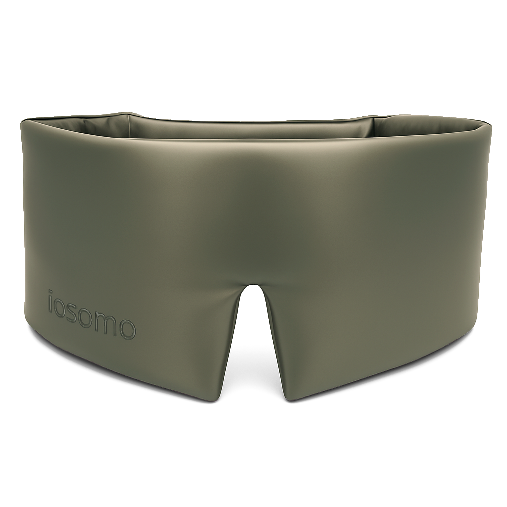 Green sleep mask with 'iosomo' branding on a white background