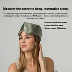 Woman wearing a green sleep mask with product description text on a gray background