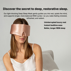 Woman wearing a rose gold silk sleep mask against a plain background
