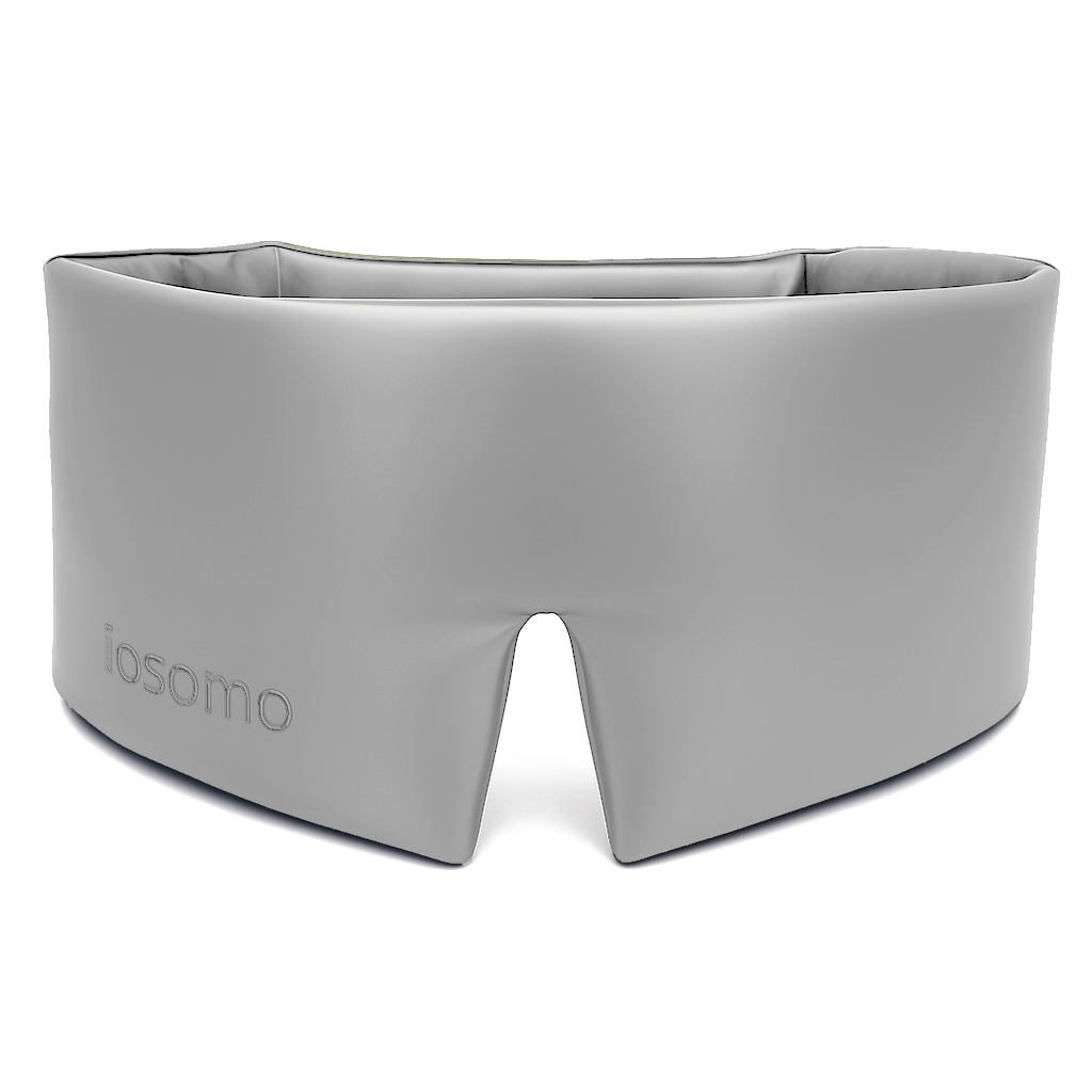 Silver sleep mask with 'iosomo' branding on a white background