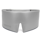 Silver sleep mask with 'iosomo' branding on a white background