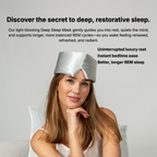 Woman wearing a silver sleep mask with promotional text about deep, restorative sleep.
