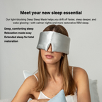 Woman wearing a silver silk sleep mask with promotional text about its benefits on a light gray background